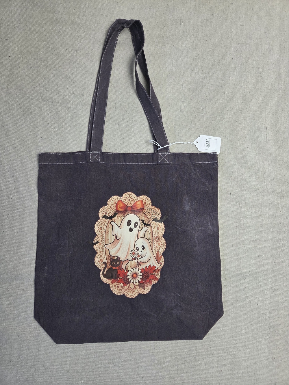 Dark Gray Canvas Tote with Playful Ghost Graphic